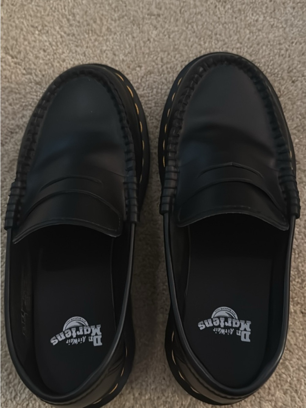 Dr. Martens Black Leather Slip-On Loafers with Yellow Stitching